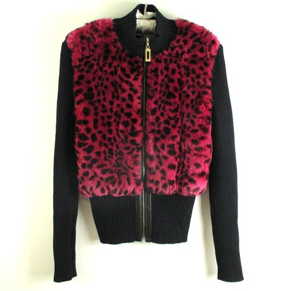 St. John Collection Santana Knit Rabbit Fur Leather Trim Zipper Sweater Jacket 6